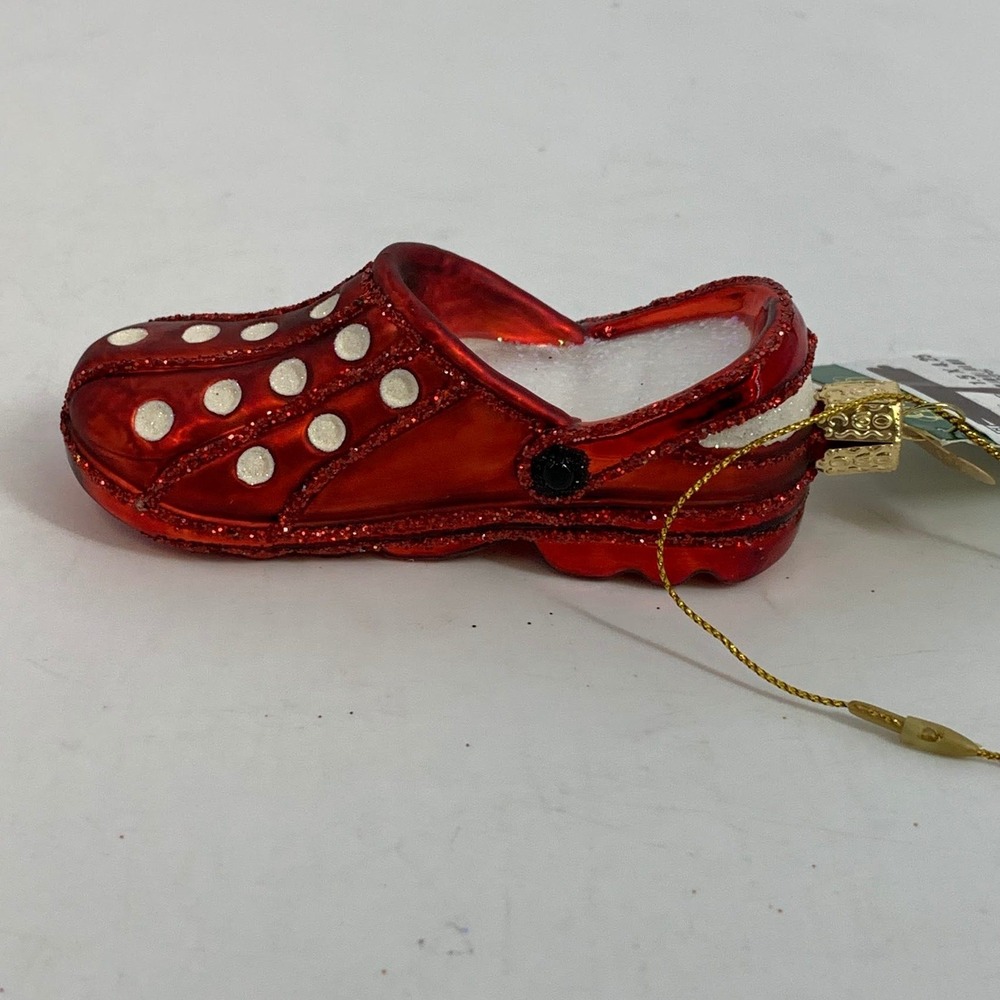 Old World Christmas Red Polka Dot Clog Shoe‎ Ornament Glass 1.5 x 4.25
